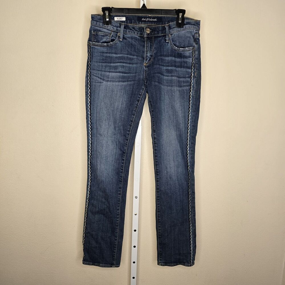Driftwood Audrey Embroidered Side Boho Blue Straight Leg Denim Jeans Size 28